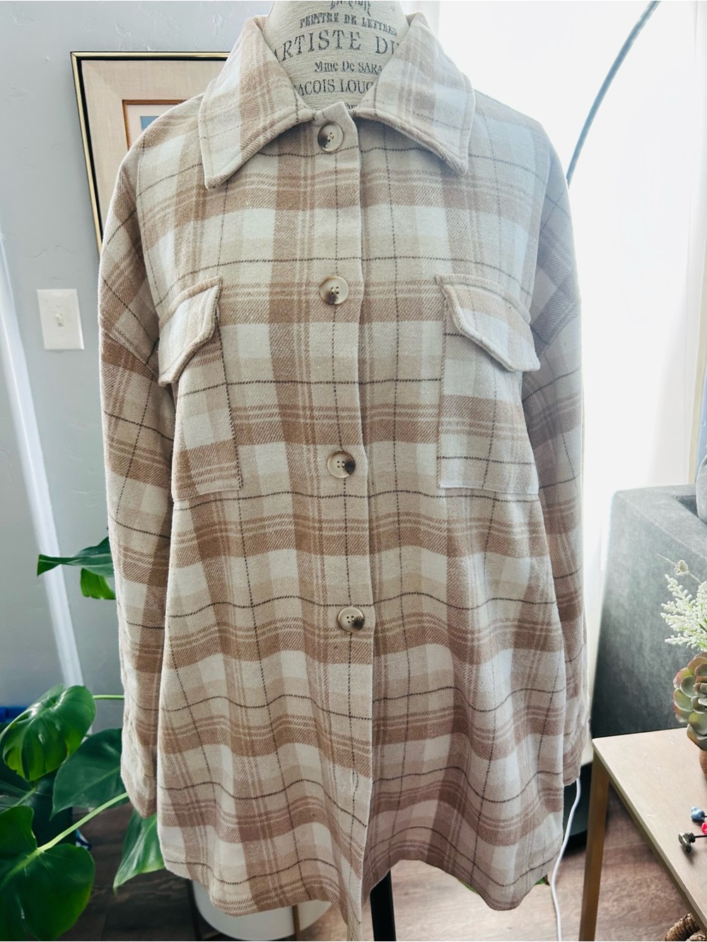 Vanilla Bay neutral plaid shacket (shirt jacket)